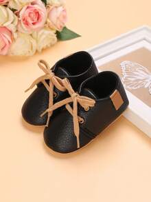 春秋款 0-1 岁婴儿 PU 系带软底防滑运动鞋适合学步儿童 - 黑色 - 查看 3