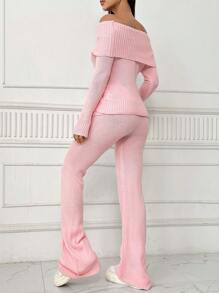 SHEIN Unity Women's Off Shoulder Long Sleeve Sweater And Pants Set Fall Cloth For Women - Pink - View 2