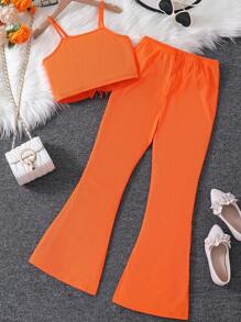 SHEIN 2pcs/Set Tween Girls' Ruffled Cami Top And Flared Pants - Orange - View 2