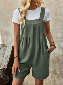 SHEIN LUNE Women's Summer Solid Color Pleated Jumpsuit Without Sleeveswork Clothes - Green - View 4