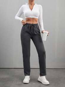 EURMUSE Women's Solid Color Drawstring Waist Sweatpants - Dark Grey - View 5