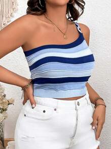 Calvaya 大尺碼女士單肩條紋針織背心 - 彩色 - 查看 1