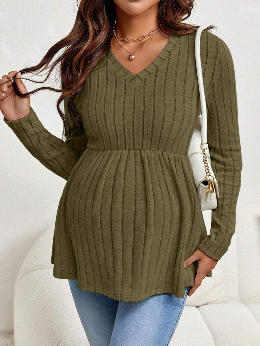 SHEIN Maternity Ribbed Knit Peplum Tee With Long Sleeve - Army Green - View 1
