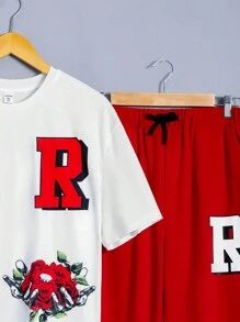 SHEIN 2入組/套青少年男孩字母印花短袖t恤和褲子套裝 - 彩色 - 查看 3