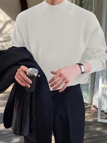 Suéter De Cuello Alto Y Color Sólido Para Hombres - Blanco - Ver 5