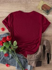 SHEIN LUNE 女士心形圖案印花t恤 - 紅木色 - 查看 2