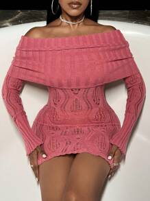 Zolique Women's Off Shoulder Long Sleeve Sweater Knit Pullover Fall Winter Outfit - Coral Pink - View 4