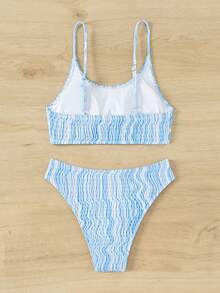 SHEIN Swim 女士花卉印花飘逸细肩带比基尼套装夏季海滩 - 藍白色 - 查看 3