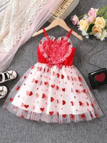 SHEIN Young Girl Heart Printed Mesh Spaghetti Strap Dress