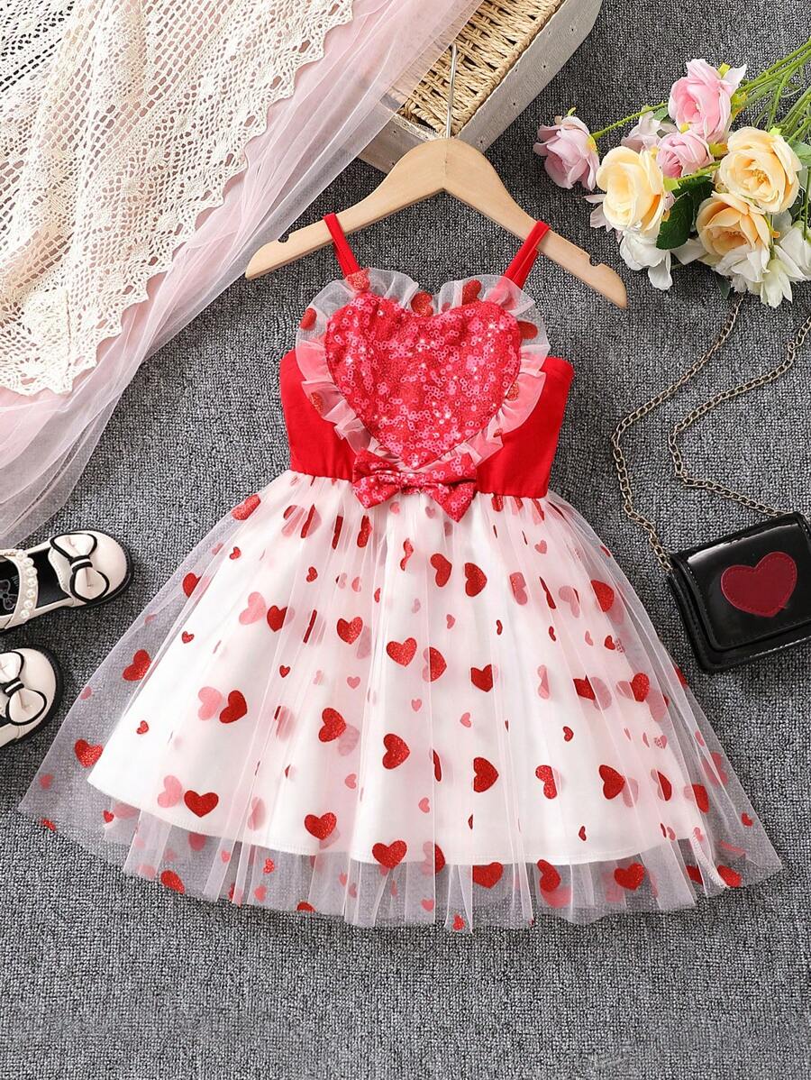 SHEIN Young Girl Heart Printed Mesh Spaghetti Strap Dress
