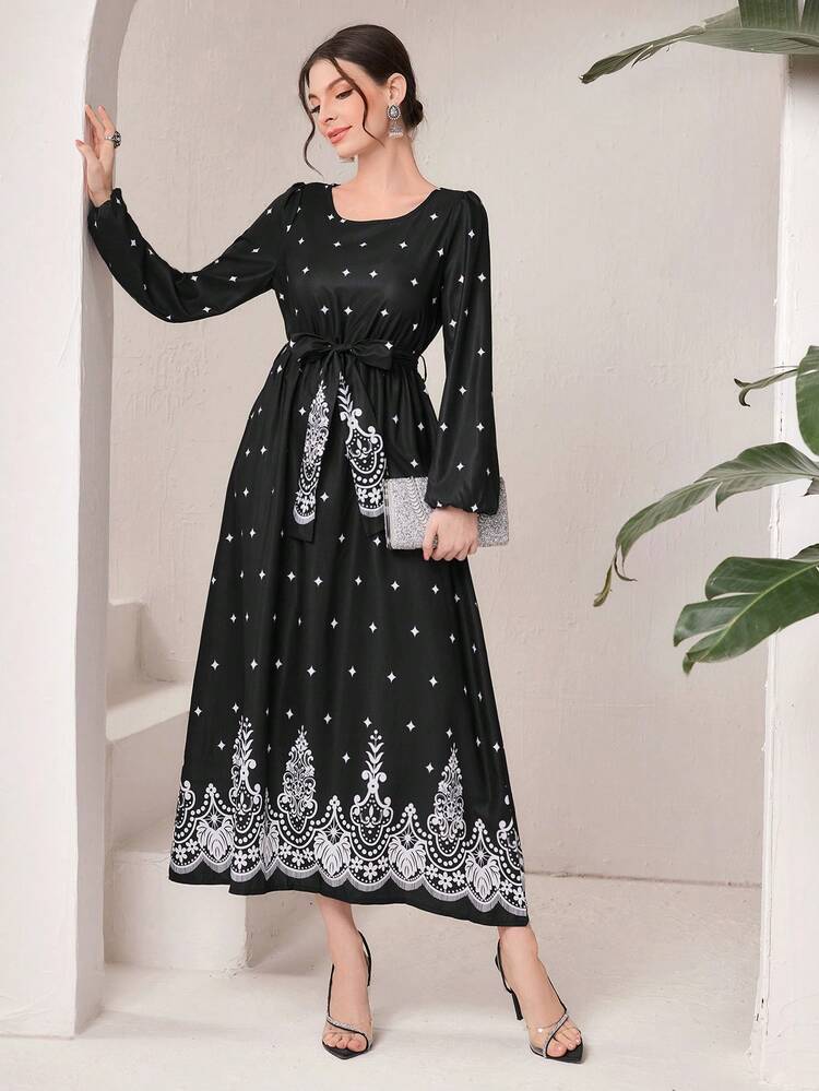 Women'S Polka Dot Printed Belted Lantern Sleeve Dress Fall Cloth For Women