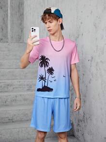 SHEIN Explorewe Teen Boy Palm Tree Printed Ombre Short Sleeve T-Shirt And Shorts Set - Multicolor - View 5