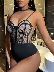 SHEIN Slayr Sheer Lace Bodysuit Illusion - Black - View 5