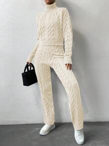 SHEIN Essnce Women's Two Pieces Set Of Twisted Knit High Neck Sweater - Beige - View 6