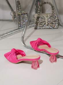 New Women's High-Heeled Hot Pink Sandals, Summer Transparent Low-Heeled Slippers, Fashionable Square-Toed Crystal Chunky Heels, One-Shaped Slippers - Hot Pink - View 4