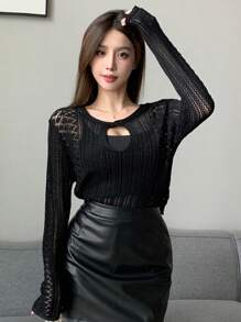 DAZY 女式纯色镂空长袖圆领毛衣，秋季薄款 - 黑色 - 查看 1