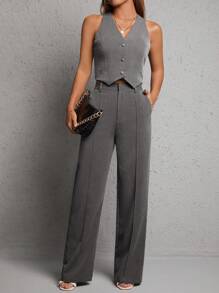 SHEIN PETITE Women's Single Breasted Suit Vest And Pants Set - Light Grey - View 5