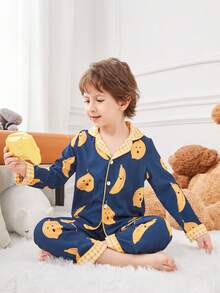 男孩卡通印花長袖長褲睡衣套組