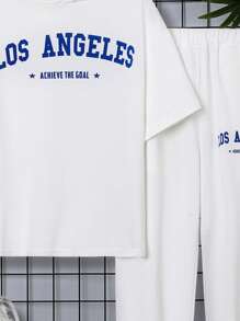 SHEIN Teen Boy Casual Letter Printed Short Sleeve Hooded Top And Pants Set For Spring/Summer - White - View 3