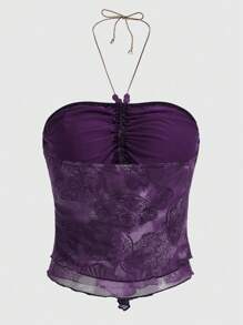 ROMWE Hippie Top Con Cuello Halter De Malla Plisada Estampado - Morado - Ver 2