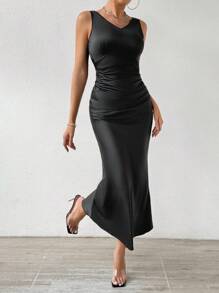 SHEIN Unity Women's Backless Draped Neckline Fish Tail Dress - Black - View 5
