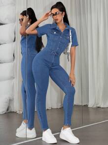 SHEIN PETITE Women's Short Sleeve Denim Jumpsuit Shirt - Blue - View 5