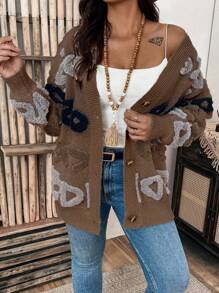 SHEIN LUNE 字母圖案加大號單排釦針織開衫 - 咖啡棕 - 查看 7