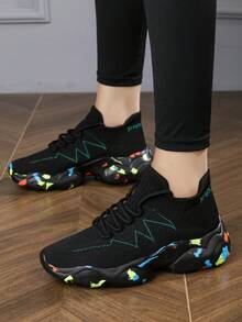 Women's New Style Thick Sole Knitted Lightweight Anti-Skid Durable Breathable Black Sneakers - Black - View 3