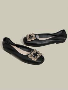 Women's Flat Slip-On Shoes With Rhinestone Square Buckle, Soft Soles And Low Vamp - Black - View 2