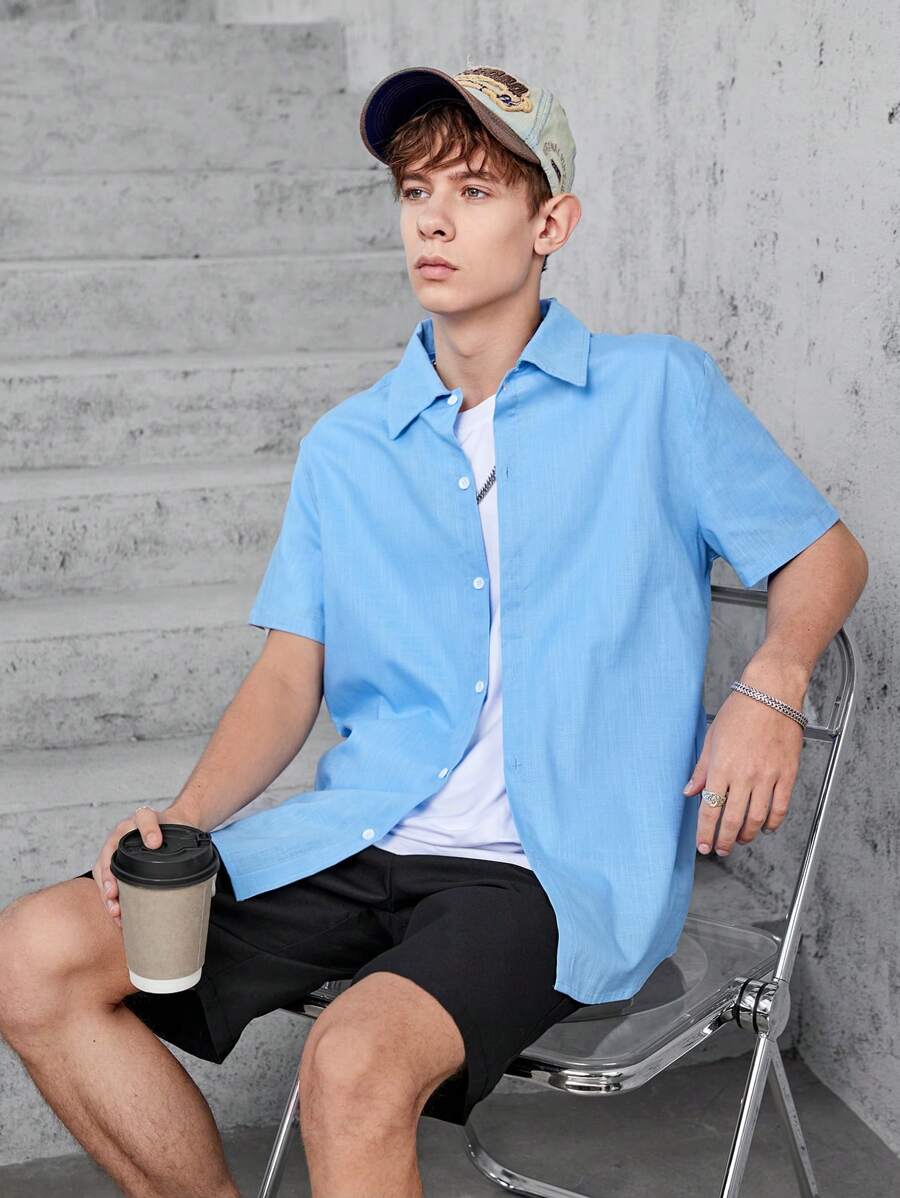 Conjunto De Dos Piezas De Camisa De Manga Corta Y Shorts De Color Sólido Para Adolescentes