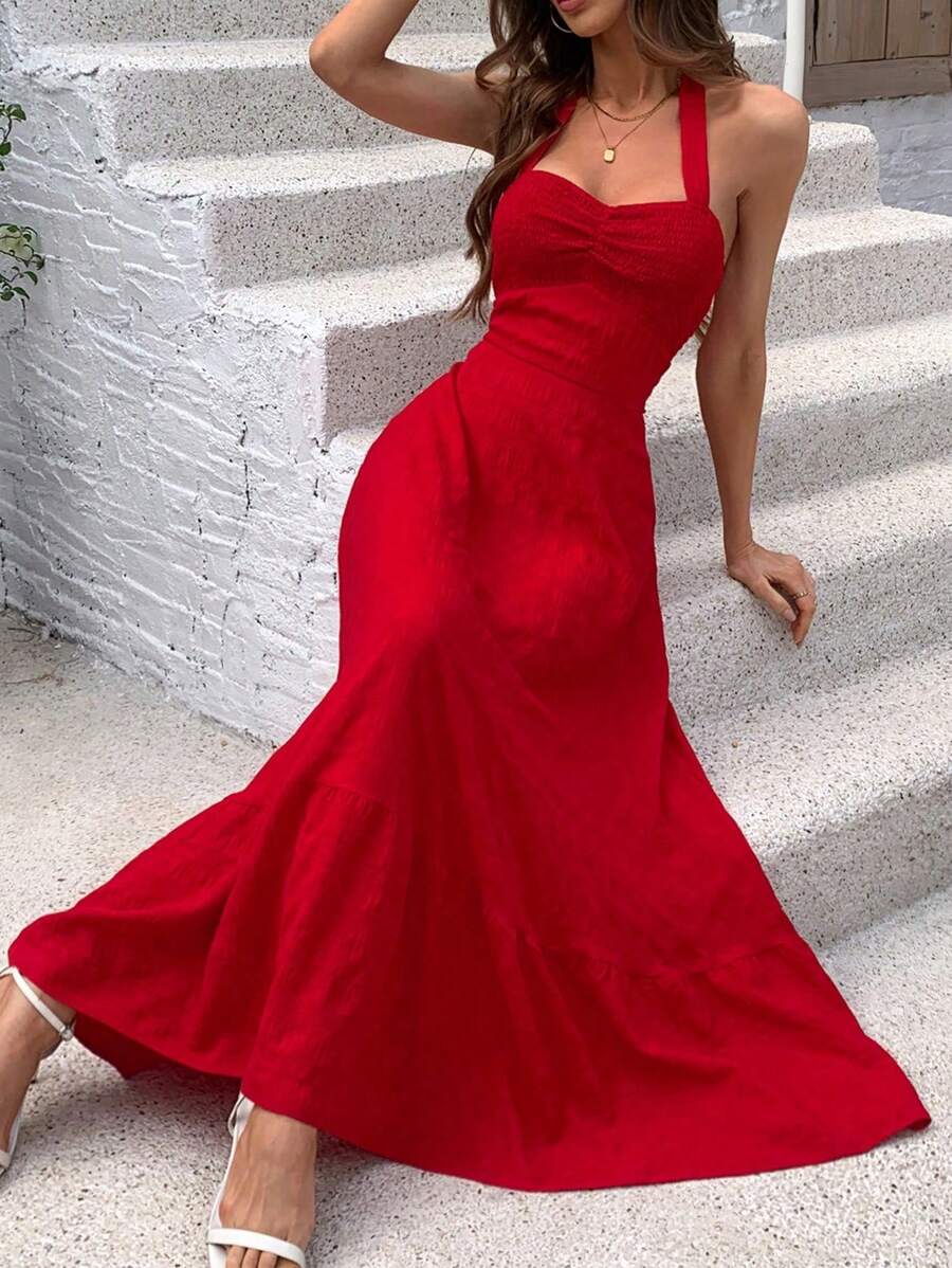 Chiquease Ladies' Pleated Halter Neck Tie Strap Dress - Red - View 1