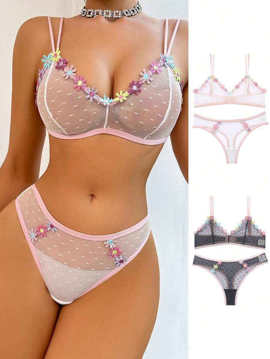 Ladies Sexy Mesh Lingerie Set With Floral Embroidery, 4pcs - Multicolor - View 1
