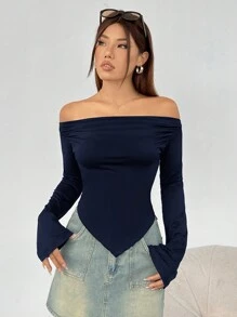 SHEIN EZwear Camiseta De Mujer Tejida De Hombro Descubierto - Azul Marino - Ver 4