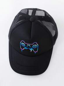 SHEIN Young Boy Game Console Printed Short Sleeve T-Shirt And Shorts Set With Hat, School, Campus, College - Black - View 4