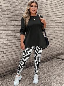SHEIN LUNE Plus Size Green Solid Color Long Sleeve T-Shirt & Camouflage Pants 2pcs Set Fall Women Clothes Fall 2pcs Set