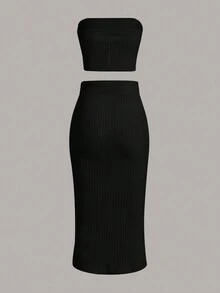 SHEIN EZwear Women's Solid Color Knit Halter Top And Knit Skirt Set - Black - View 2