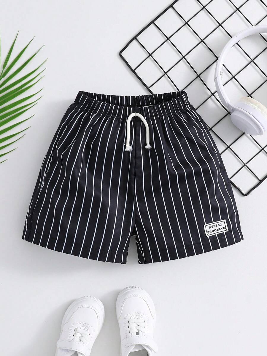 SHEIN 1pc Young Boys' Casual Striped Shorts, Summer Summer Holiday - Black - View 1