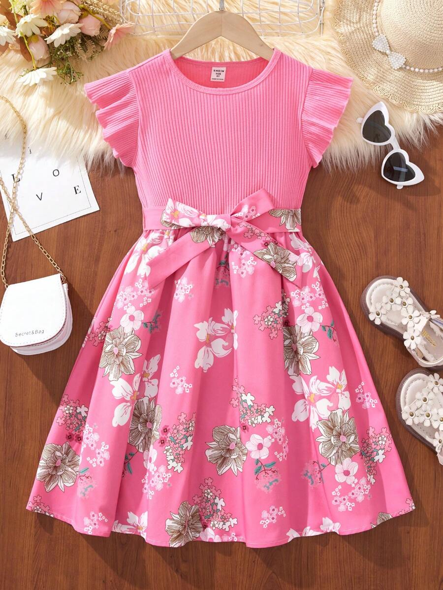SHEIN Cô gái Tween Hoa In Váy có thắt lưng - Hồng - Xem 1