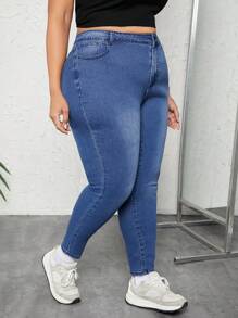 SHEIN CURVE+ 大尺碼修身牛仔褲 - 中等水洗藍 - 查看 7