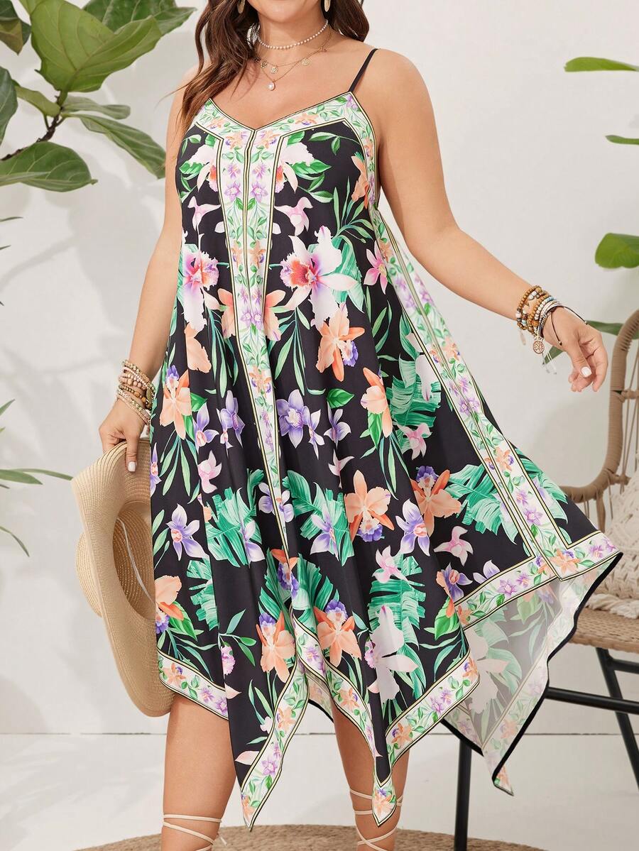 SHEIN VCAY 大尺碼女裝花卉印花不對稱搭扣背心連衣裙 - 彩色 - 查看 1