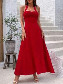 Chiquease Ladies' Pleated Halter Neck Tie Strap Dress - Red - View 5