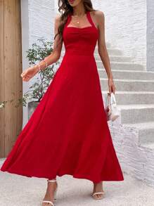 Chiquease Ladies' Pleated Halter Neck Tie Strap Dress - Red - View 6