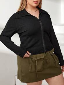 SHEIN Essnce Của phụ nữ Kích thước lớn Đen Kết cấu Chất vải Tay áo dài Áo thun Với Gấp đôi Kết thúc mở Dây kéo - màu đen - Xem 5