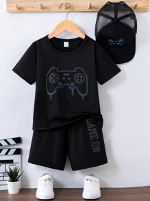SHEIN Young Boy Game Console Printed Short Sleeve T-Shirt And Shorts Set With Hat, School, Campus, College - Black - View 1