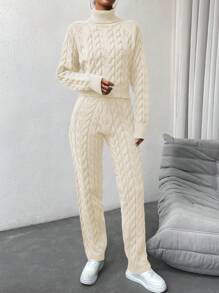 SHEIN Essnce Women's Two Pieces Set Of Twisted Knit High Neck Sweater - Beige - View 5