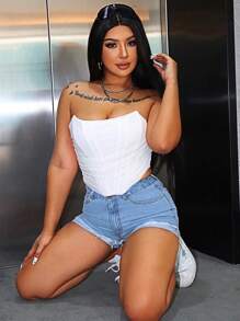 SHEIN SXY Cán Hem Thon gọn Quần short Denim - Màu xanh lam - Xem 3