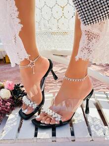 Women's Fashionable Elegant Square Toe Block Heeled Strappy Summer Black Sandals - Black - View 1