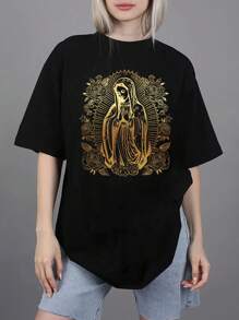 SHEIN Essnce Short Sleeve T-Shirt With Virgin Mary Pattern - Black - View 3