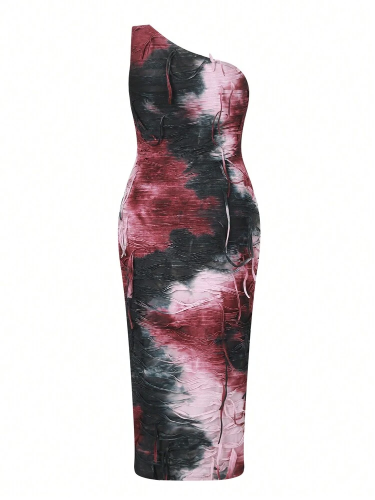 Bohemian Style Distressed Tie-Dye Plus Size Women'S One Shoulder Dress