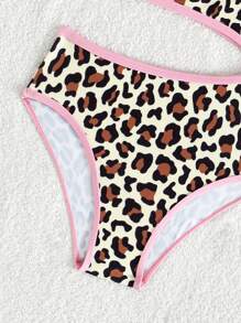 Young Girl One-Piece Swimwear With Leopard Print, Color Block & Contrast Trim Summer Beach - Multicolor - View 3